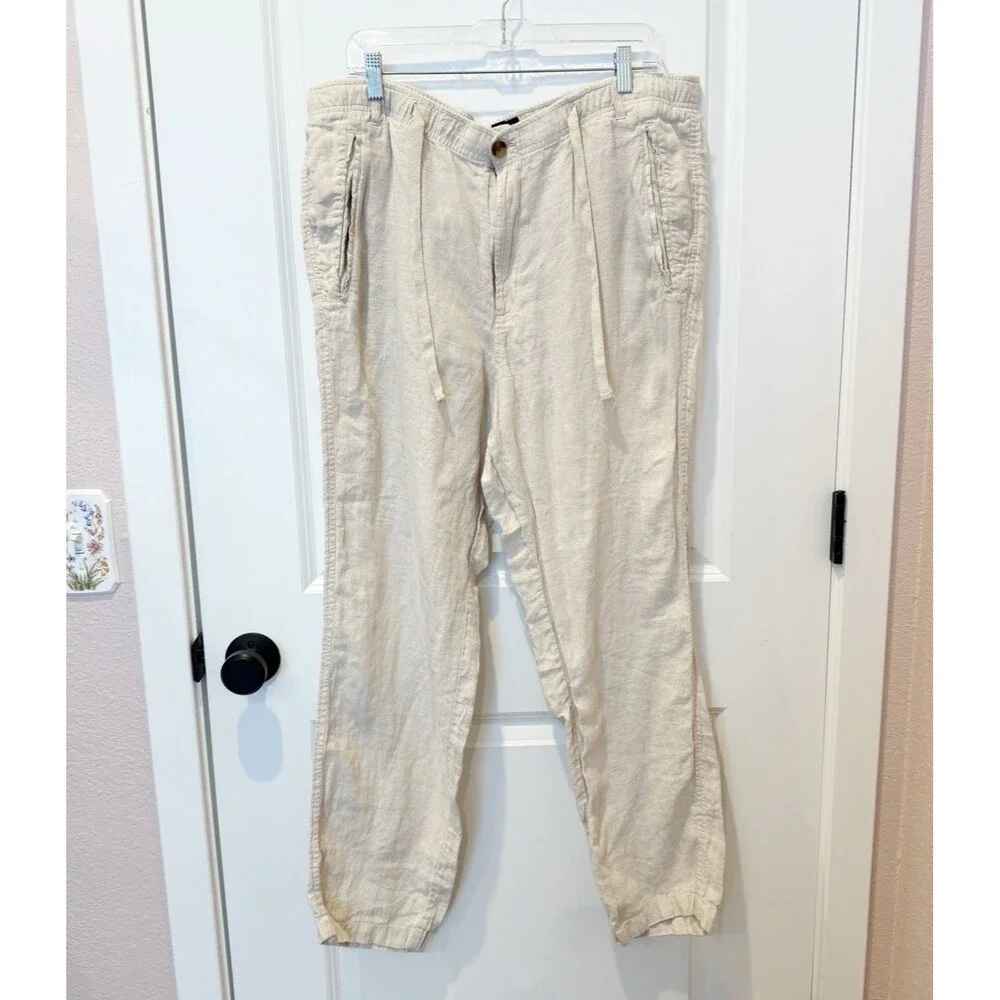 Club Room Mens Linen Pants XL Tan Straight Leg Lightweight Minimalist Resort